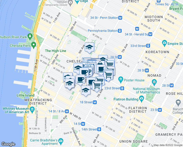 map of restaurants, bars, coffee shops, grocery stores, and more near 246 8th Avenue in New York