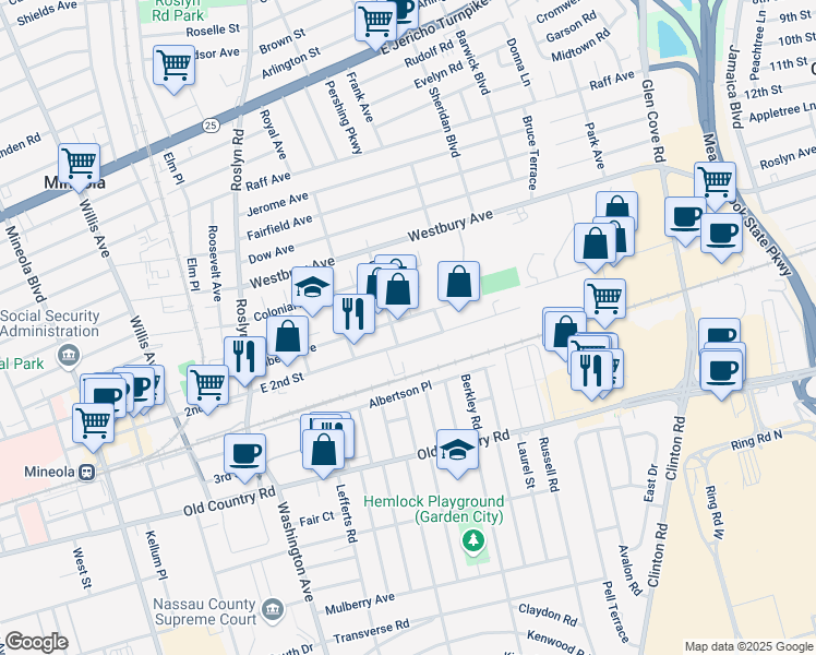 map of restaurants, bars, coffee shops, grocery stores, and more near 167 East 2nd Street in Mineola