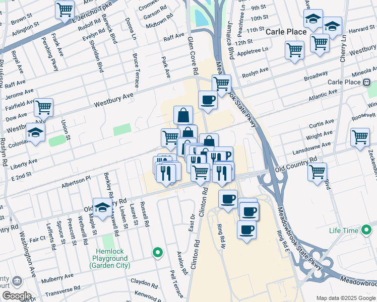 map of restaurants, bars, coffee shops, grocery stores, and more near 164 Glen Cove Road in Carle Place