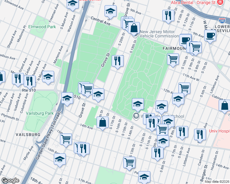 map of restaurants, bars, coffee shops, grocery stores, and more near 355 South 18th Street in Newark