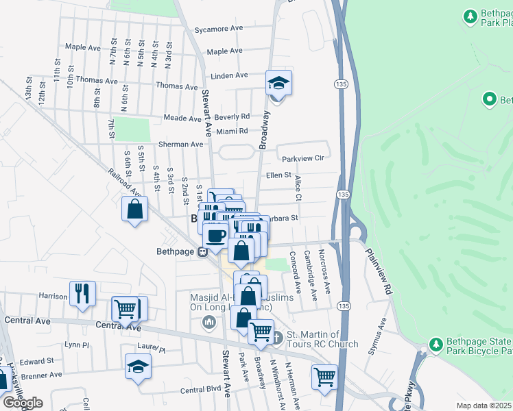 map of restaurants, bars, coffee shops, grocery stores, and more near Broadway in Bethpage