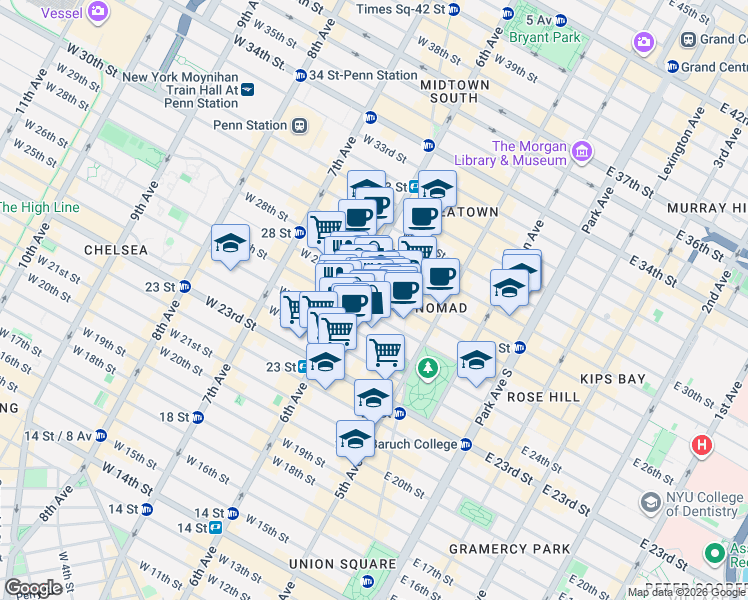 map of restaurants, bars, coffee shops, grocery stores, and more near 40 W 27th St in New York