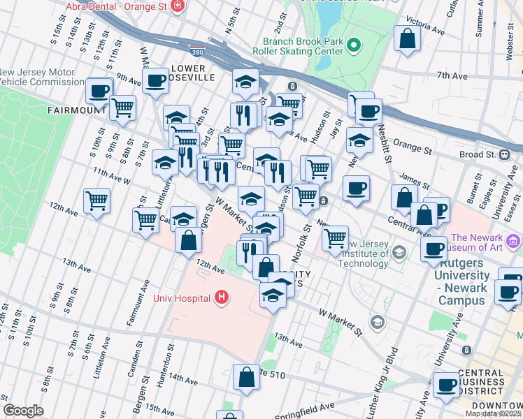 map of restaurants, bars, coffee shops, grocery stores, and more near 59 Hartford Street in Newark