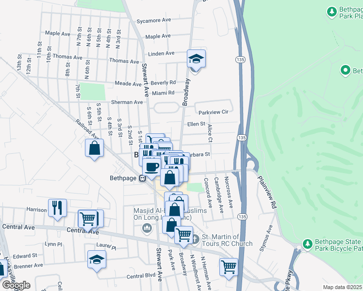 map of restaurants, bars, coffee shops, grocery stores, and more near 1 Caroline Street in Bethpage