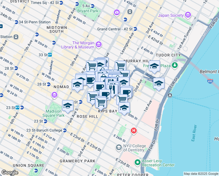 map of restaurants, bars, coffee shops, grocery stores, and more near 153 East 32nd Street in New York