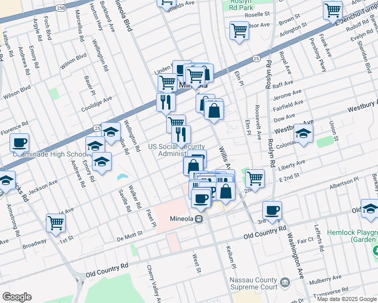 map of restaurants, bars, coffee shops, grocery stores, and more near 191 Garfield Avenue in Mineola