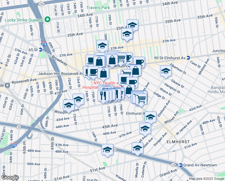 map of restaurants, bars, coffee shops, grocery stores, and more near in Queens