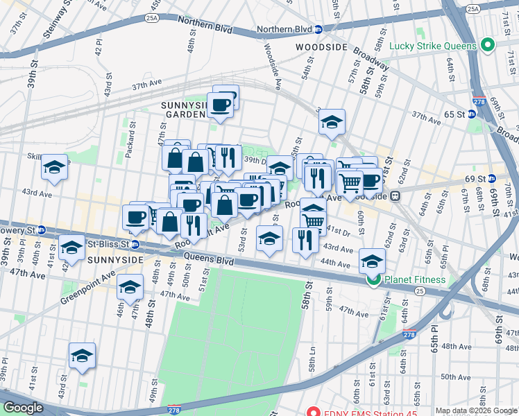 map of restaurants, bars, coffee shops, grocery stores, and more near in Queens