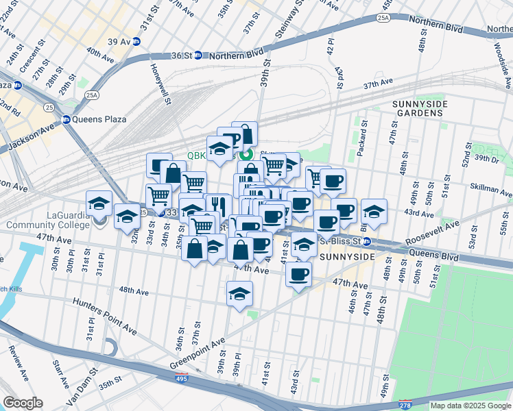 map of restaurants, bars, coffee shops, grocery stores, and more near 38-15 39th Street in Queens