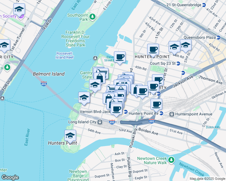 map of restaurants, bars, coffee shops, grocery stores, and more near 4812 Vernon Boulevard in Queens