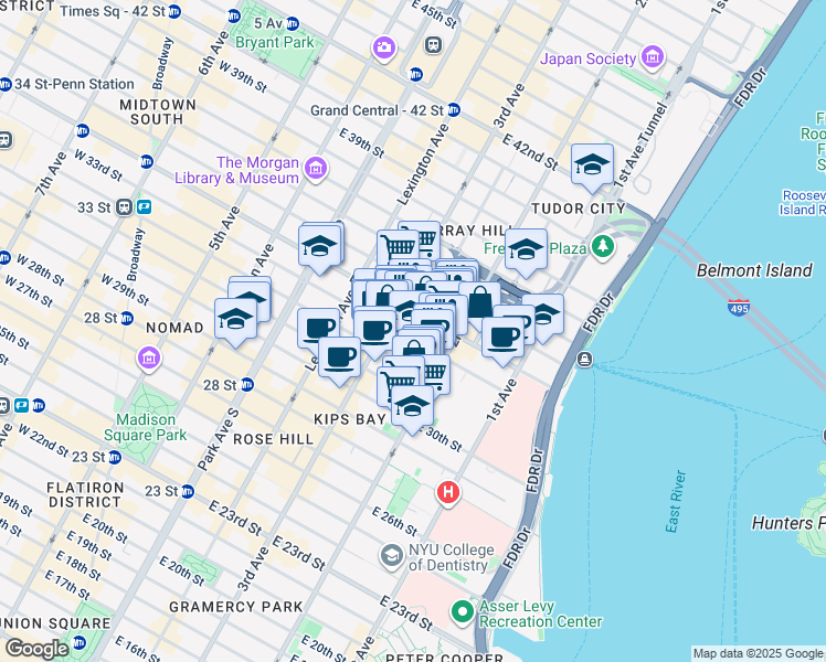 map of restaurants, bars, coffee shops, grocery stores, and more near 239 East 33rd Street in New York