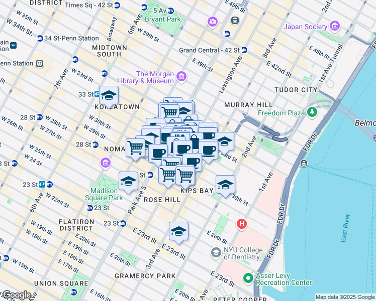 map of restaurants, bars, coffee shops, grocery stores, and more near 114 East 32nd Street in New York