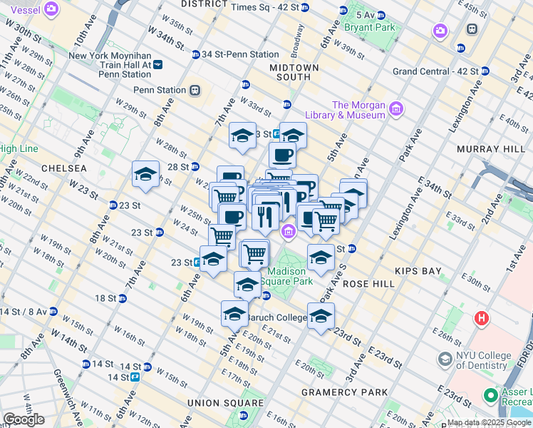 map of restaurants, bars, coffee shops, grocery stores, and more near 1155-1157 Broadway in New York
