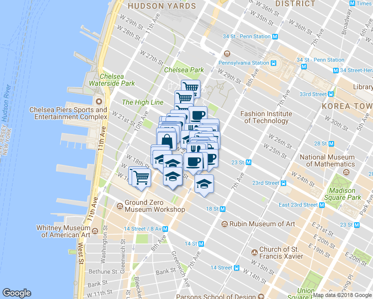 map of restaurants, bars, coffee shops, grocery stores, and more near 326 West 21st Street in New York