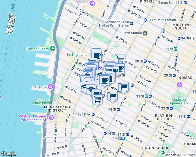 map of restaurants, bars, coffee shops, grocery stores, and more near 326 West 21st Street in New York