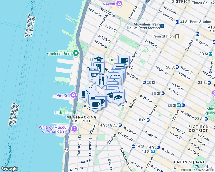 map of restaurants, bars, coffee shops, grocery stores, and more near 421 West 19th Street in New York