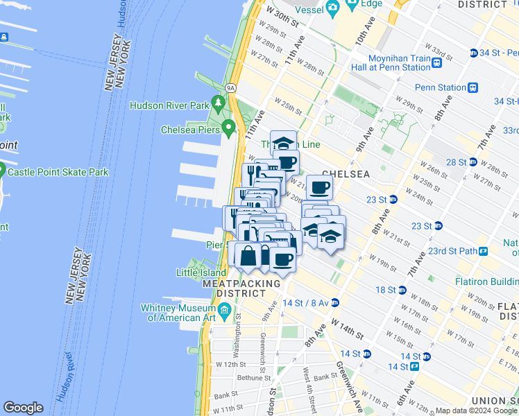 map of restaurants, bars, coffee shops, grocery stores, and more near 501 West 17th Street in New York