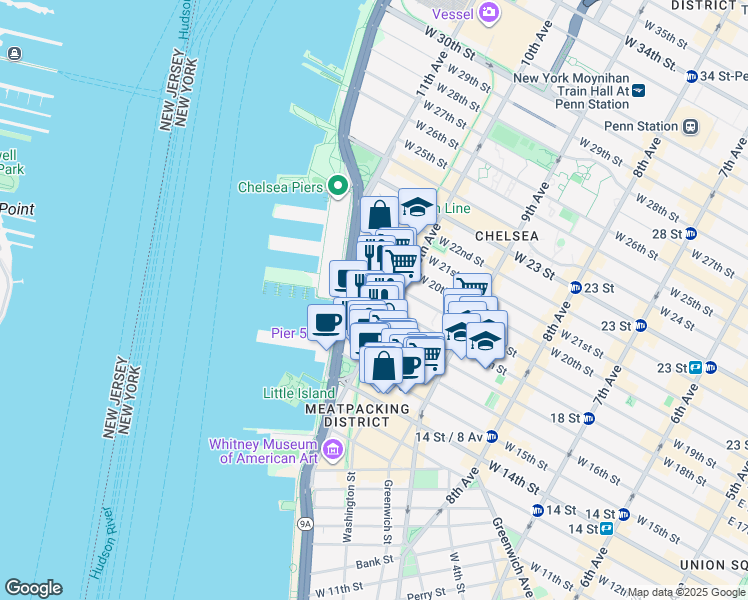 map of restaurants, bars, coffee shops, grocery stores, and more near 501 West 17th Street in New York