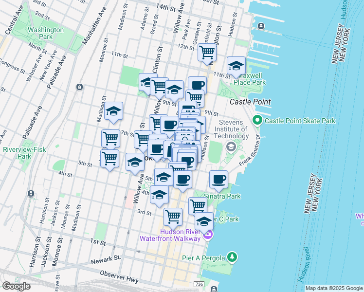 map of restaurants, bars, coffee shops, grocery stores, and more near 631 Bloomfield Street in Hoboken