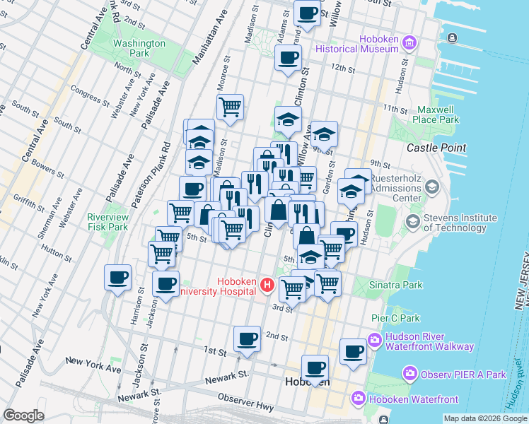 map of restaurants, bars, coffee shops, grocery stores, and more near 358 6th Street in Hoboken