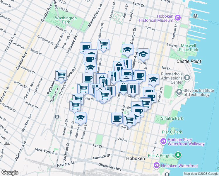 map of restaurants, bars, coffee shops, grocery stores, and more near 533 Adams Street in Hoboken