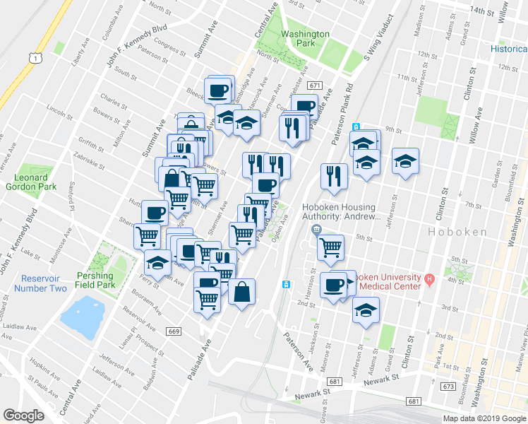 map of restaurants, bars, coffee shops, grocery stores, and more near 246 New York Avenue in Jersey City