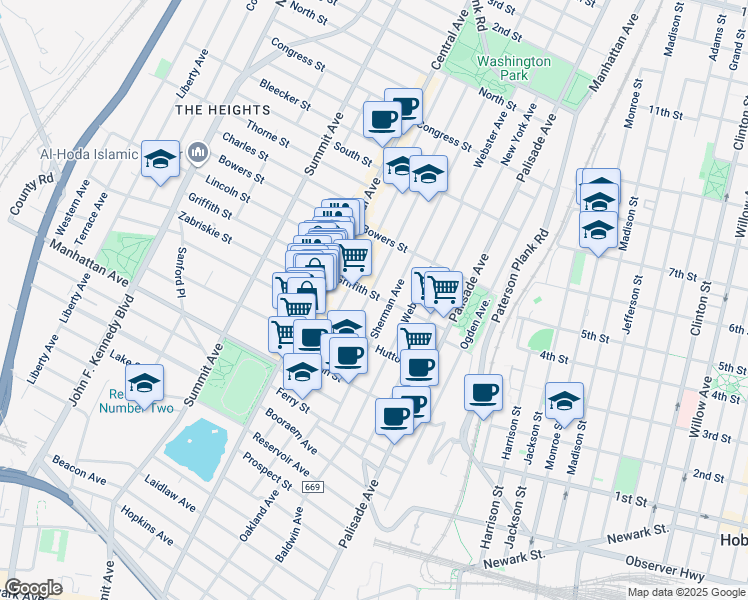 map of restaurants, bars, coffee shops, grocery stores, and more near 62 Hancock Avenue in Jersey City