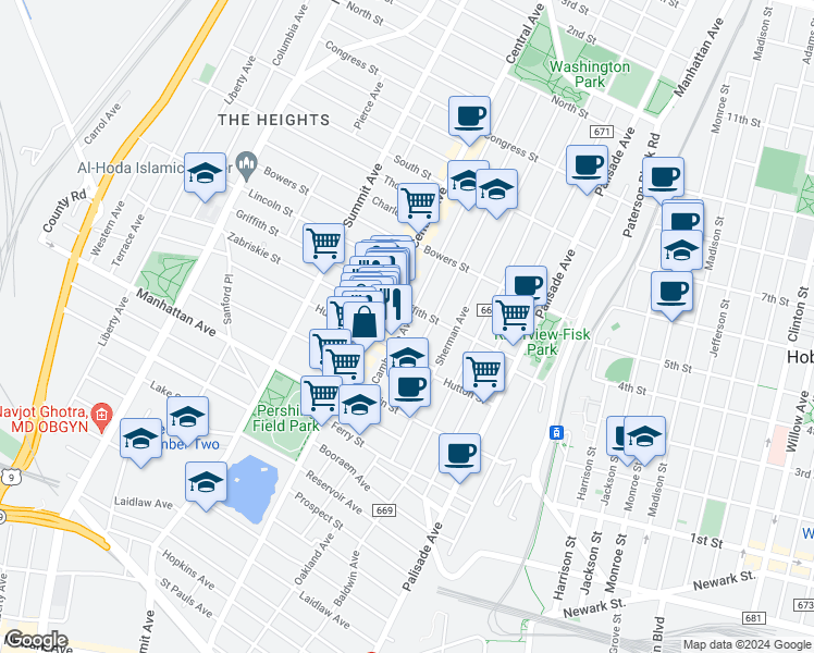 map of restaurants, bars, coffee shops, grocery stores, and more near 50 Cambridge Avenue in Jersey City