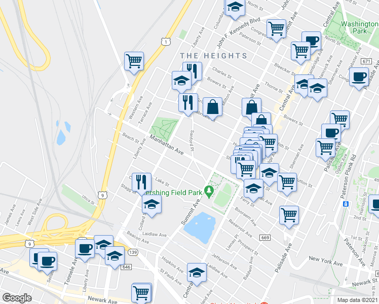map of restaurants, bars, coffee shops, grocery stores, and more near 171 Manhattan Avenue in Jersey City