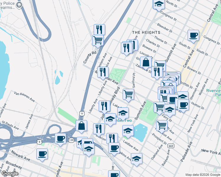 map of restaurants, bars, coffee shops, grocery stores, and more near 114 Carlton Avenue in Jersey City