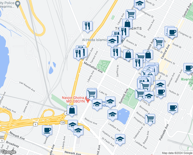 map of restaurants, bars, coffee shops, grocery stores, and more near 114 Carlton Avenue in Jersey City