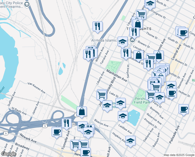map of restaurants, bars, coffee shops, grocery stores, and more near 227 Liberty Avenue in Jersey City