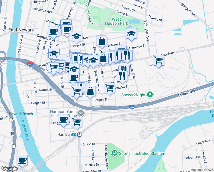 map of restaurants, bars, coffee shops, grocery stores, and more near 608 Wilhelm Street in Harrison