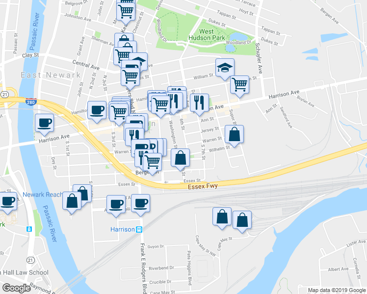 map of restaurants, bars, coffee shops, grocery stores, and more near 52 Washington Street in Harrison