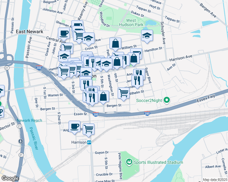 map of restaurants, bars, coffee shops, grocery stores, and more near 52 Washington Street in Harrison