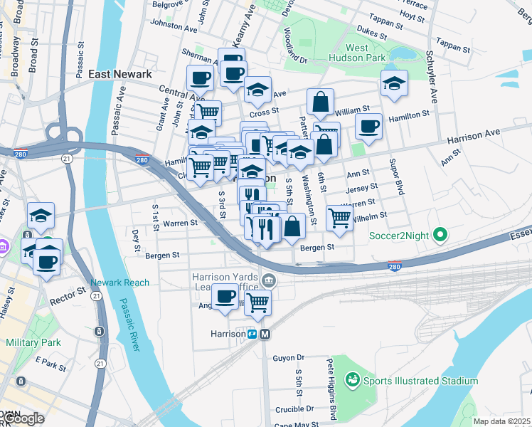map of restaurants, bars, coffee shops, grocery stores, and more near 409 Warren Street in Harrison