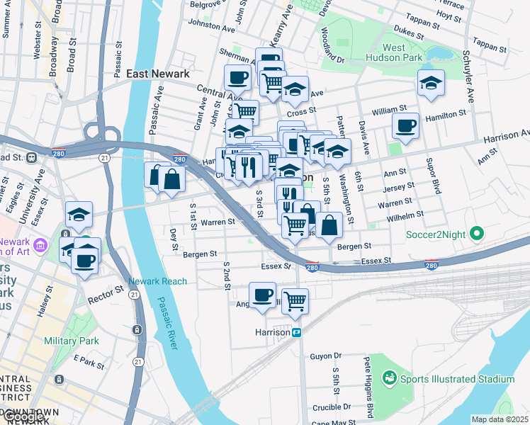 map of restaurants, bars, coffee shops, grocery stores, and more near 207 South 3rd Street in Harrison