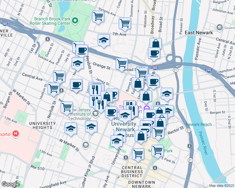 map of restaurants, bars, coffee shops, grocery stores, and more near 275 Doctor Martin Luther King Junior Boulevard in Newark