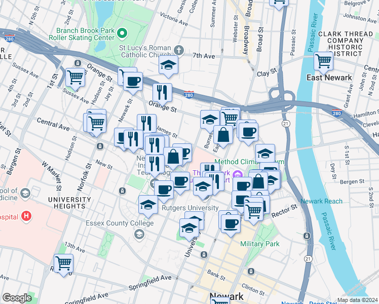 map of restaurants, bars, coffee shops, grocery stores, and more near 275 Doctor Martin Luther King Junior Boulevard in Newark