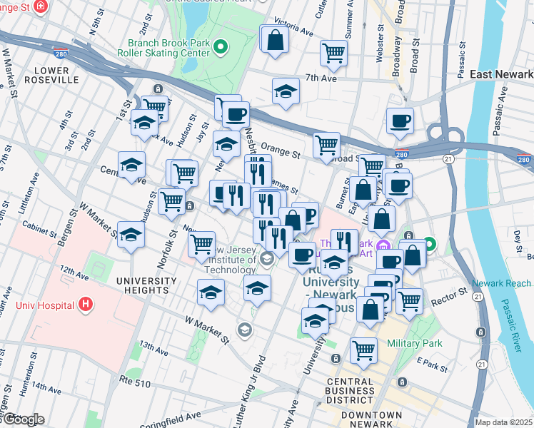map of restaurants, bars, coffee shops, grocery stores, and more near 185-193 Central Avenue in Newark
