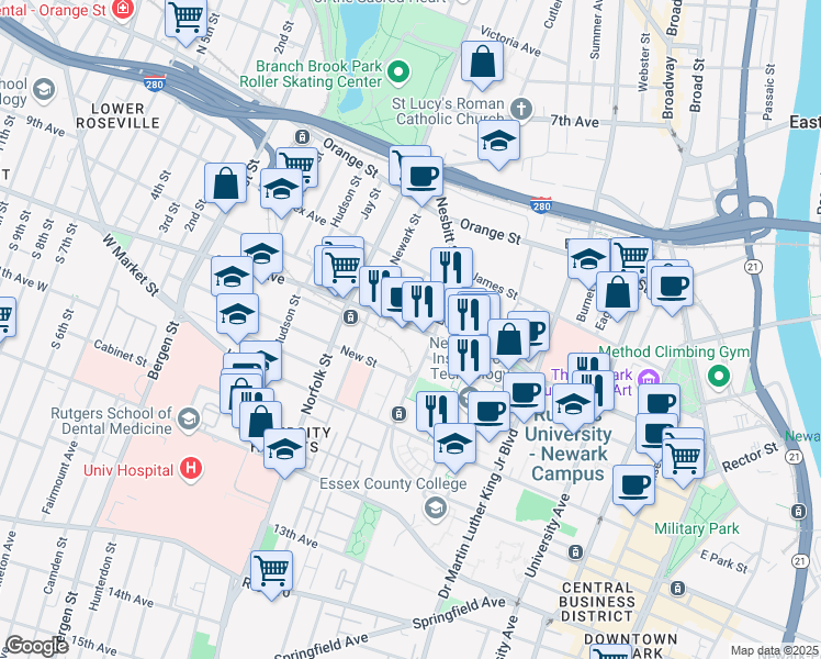 map of restaurants, bars, coffee shops, grocery stores, and more near 239 Central Avenue in Newark