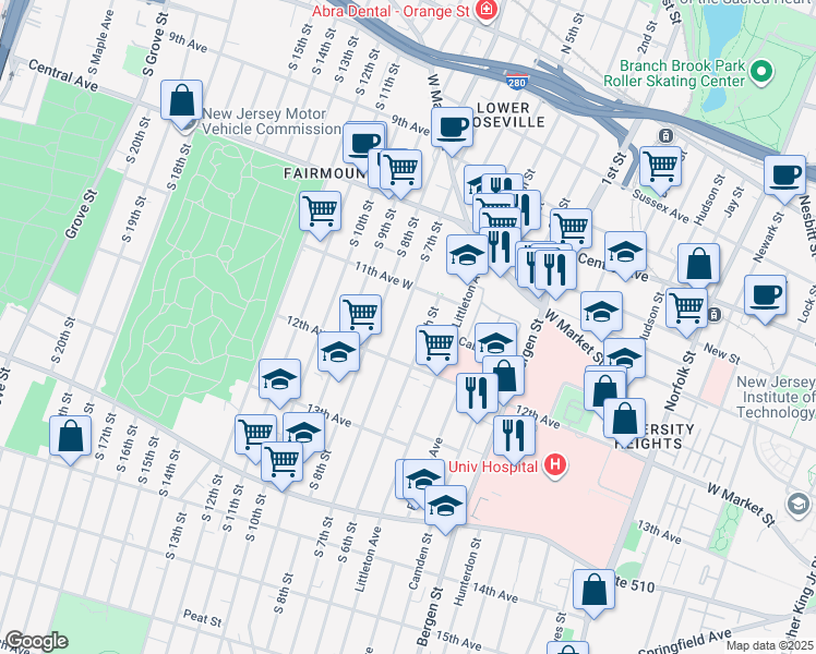 map of restaurants, bars, coffee shops, grocery stores, and more near 100 South 6th Street in Newark