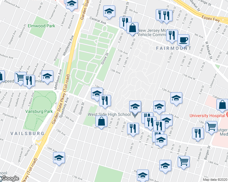 map of restaurants, bars, coffee shops, grocery stores, and more near 355 South 18th Street in Newark