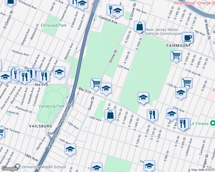 map of restaurants, bars, coffee shops, grocery stores, and more near 8-14 Ferdinand Street in Newark