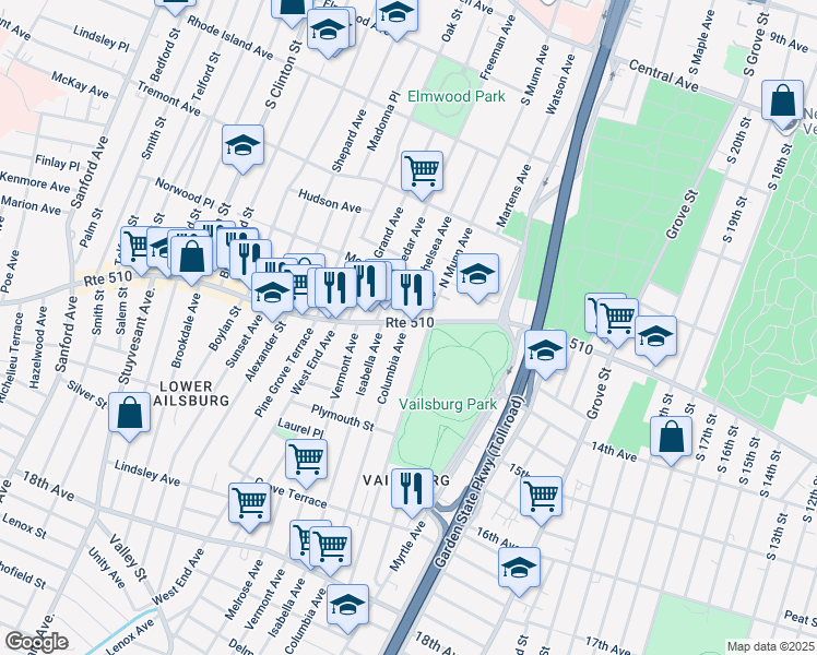 map of restaurants, bars, coffee shops, grocery stores, and more near 17 South Munn Avenue in Newark