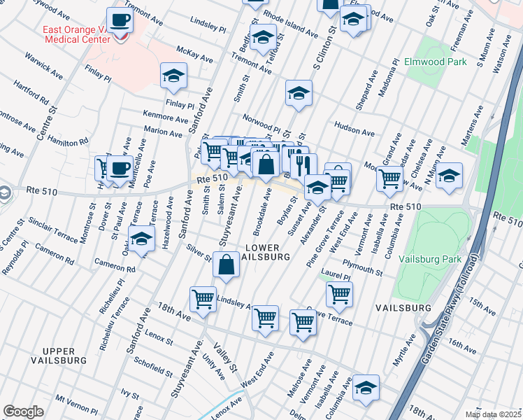 map of restaurants, bars, coffee shops, grocery stores, and more near 52 Brookdale Avenue in Newark