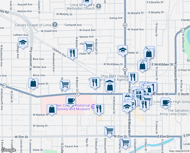 map of restaurants, bars, coffee shops, grocery stores, and more near 714 West Wayne Street in Lima