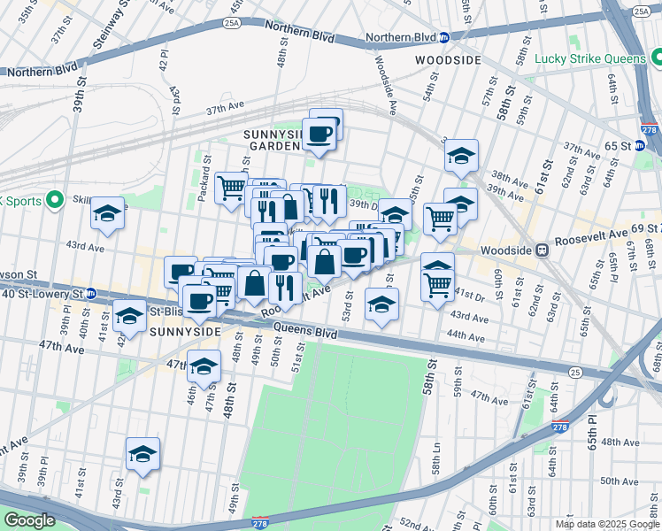 map of restaurants, bars, coffee shops, grocery stores, and more near 41-34 52nd Street in Queens