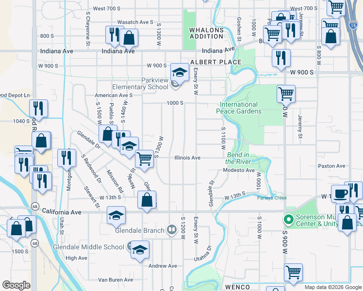 map of restaurants, bars, coffee shops, grocery stores, and more near 1130 South 1200 West in Salt Lake City