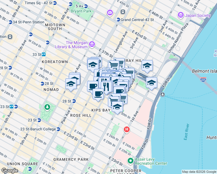 map of restaurants, bars, coffee shops, grocery stores, and more near 480 3rd Avenue in New York